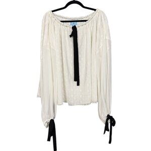 CeCe Ivory Embroidered Boho Peasant Blouse, Eyelet Lace, Bow Detail, Lightweight